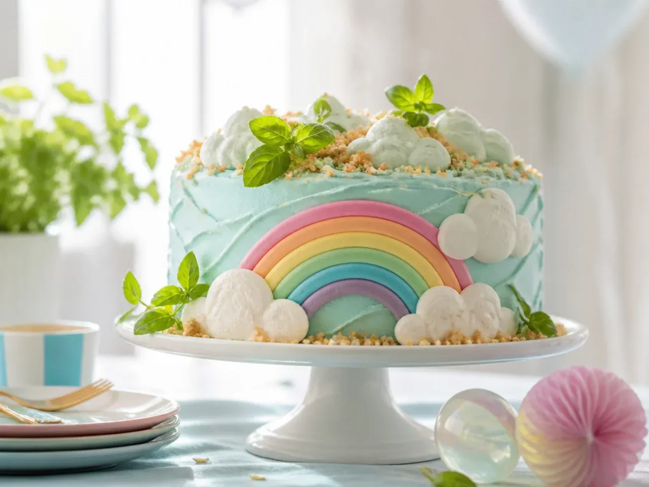 Blue cake topped with a pastel piped rainbow arch and two white buttercream clouds