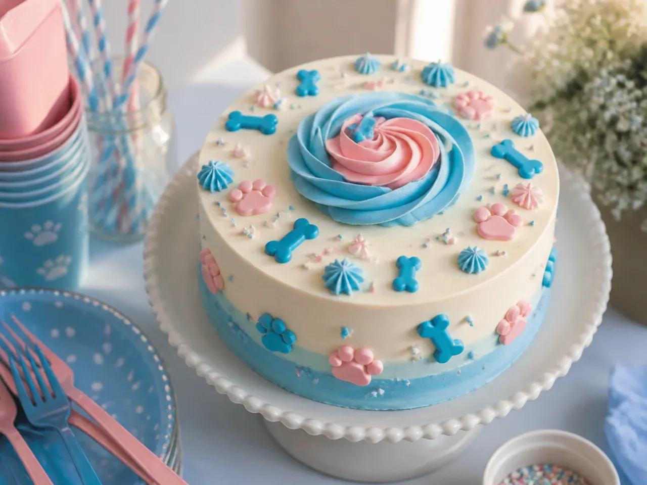 Two-tier cake topped with a generous cluster of blue and orange fondant bones, paw prints and dots