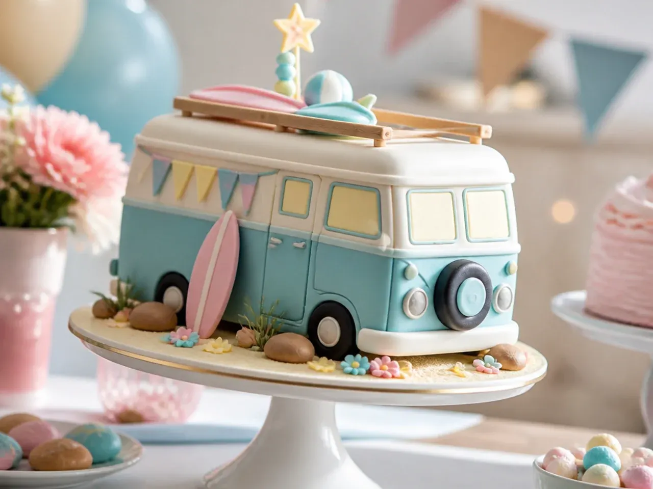 Rectangular sponge cake carved and decorated to look like a blue and cream camper van with orange stripe