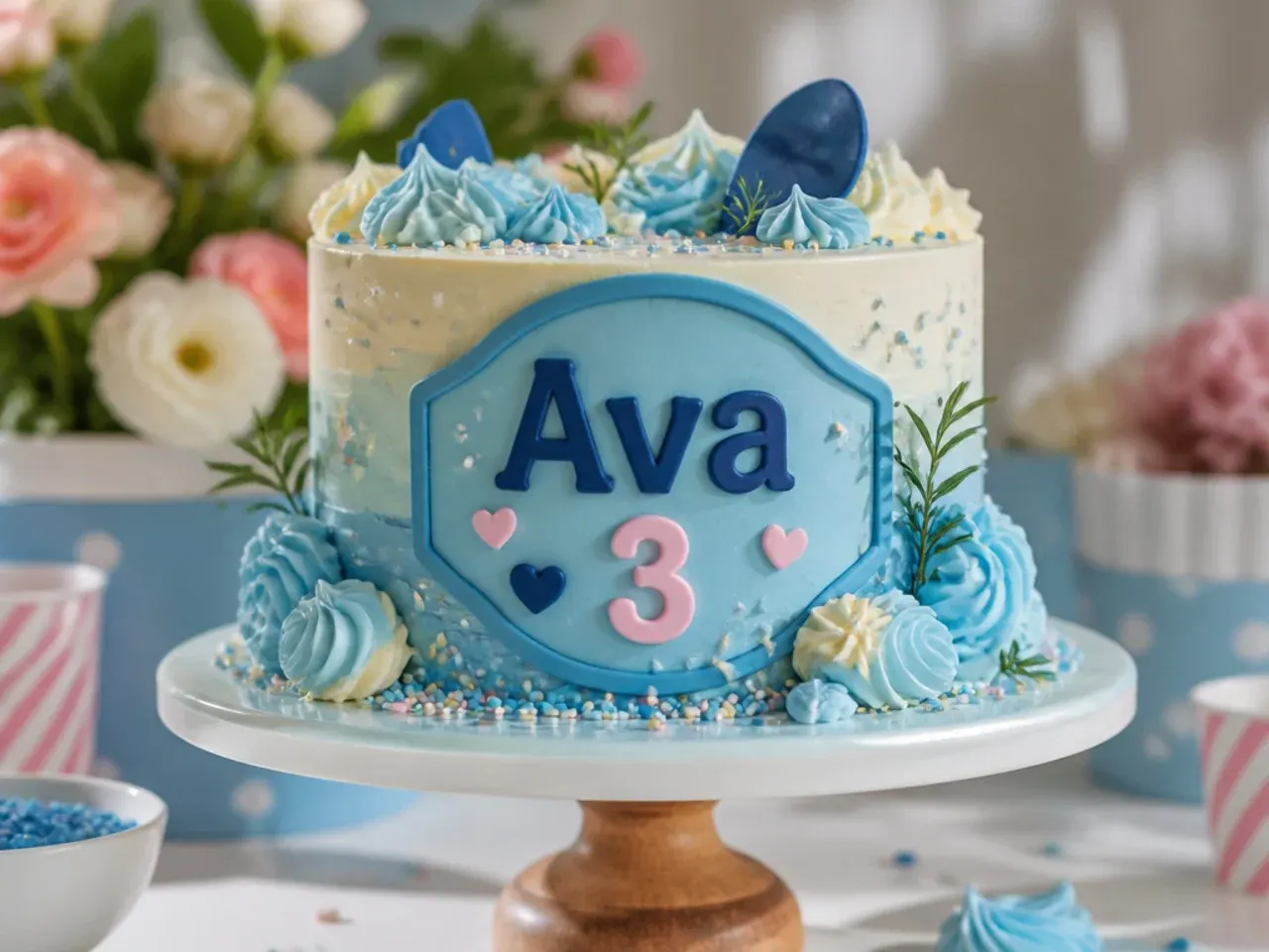 Blue buttercream cake with a white fondant name plaque bordered in blue sitting on top