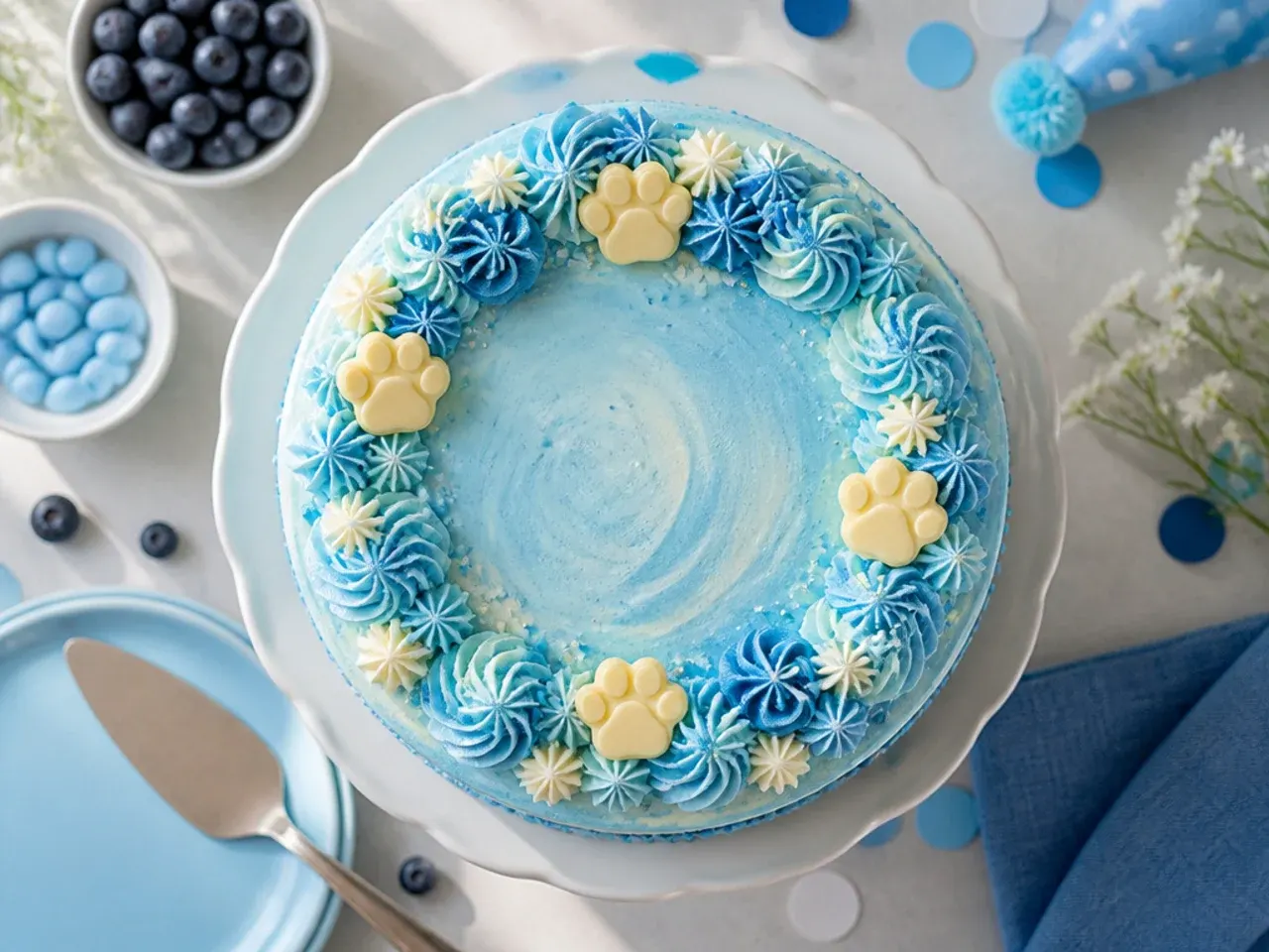 Simple blue buttercream cake decorated with blue and orange sprinkles on a party table