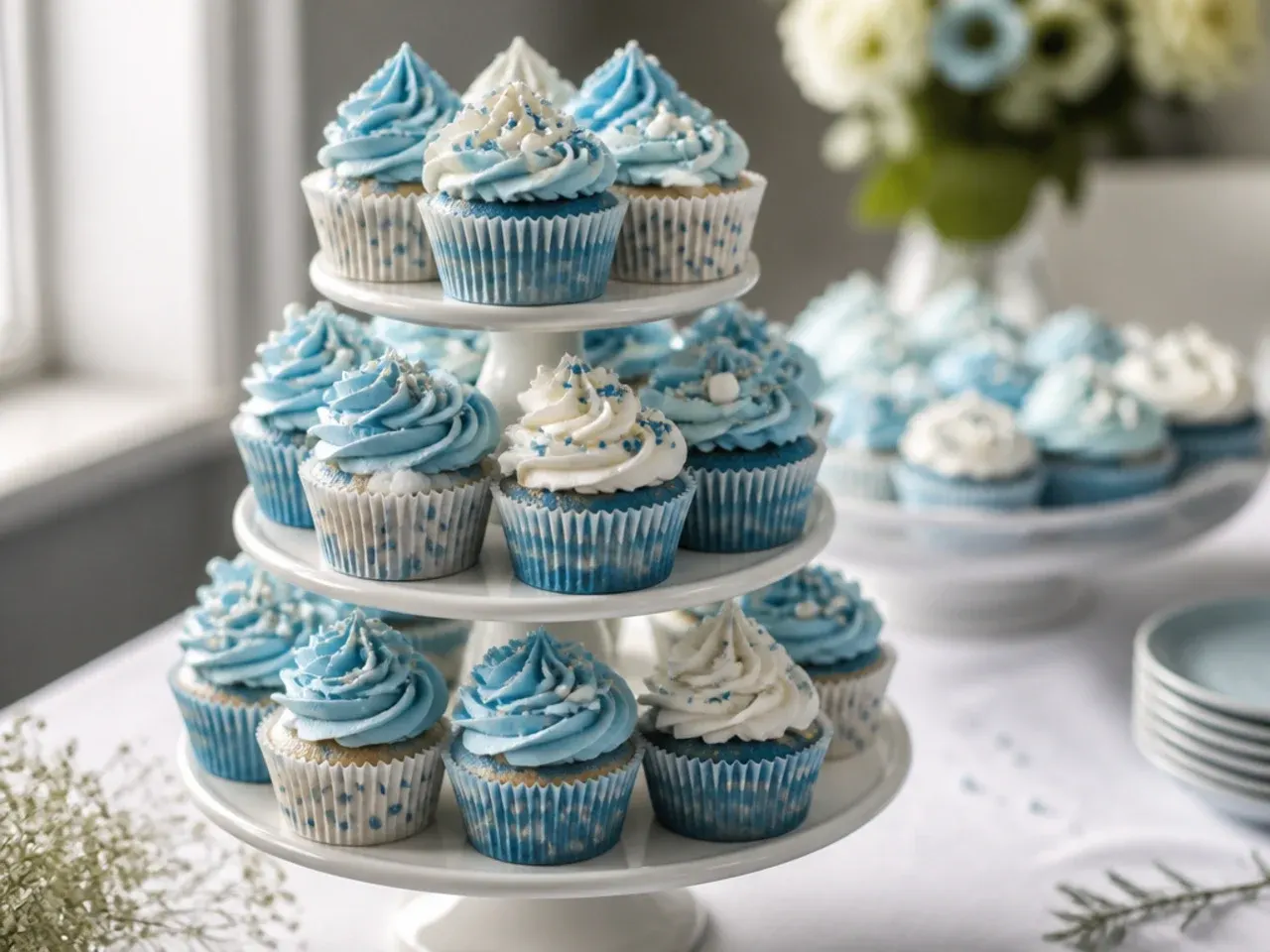 Tiered stand of cupcakes with alternating blue and orange buttercream swirls and paw print toppers