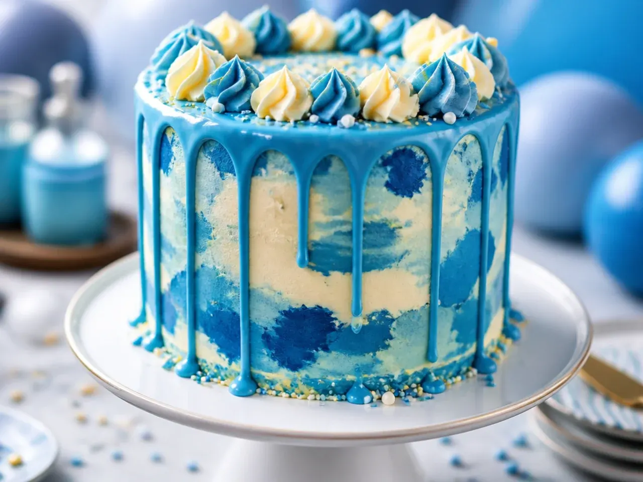Wrapped sponge cake layers next to a bowl of finished blue buttercream on a kitchen counter