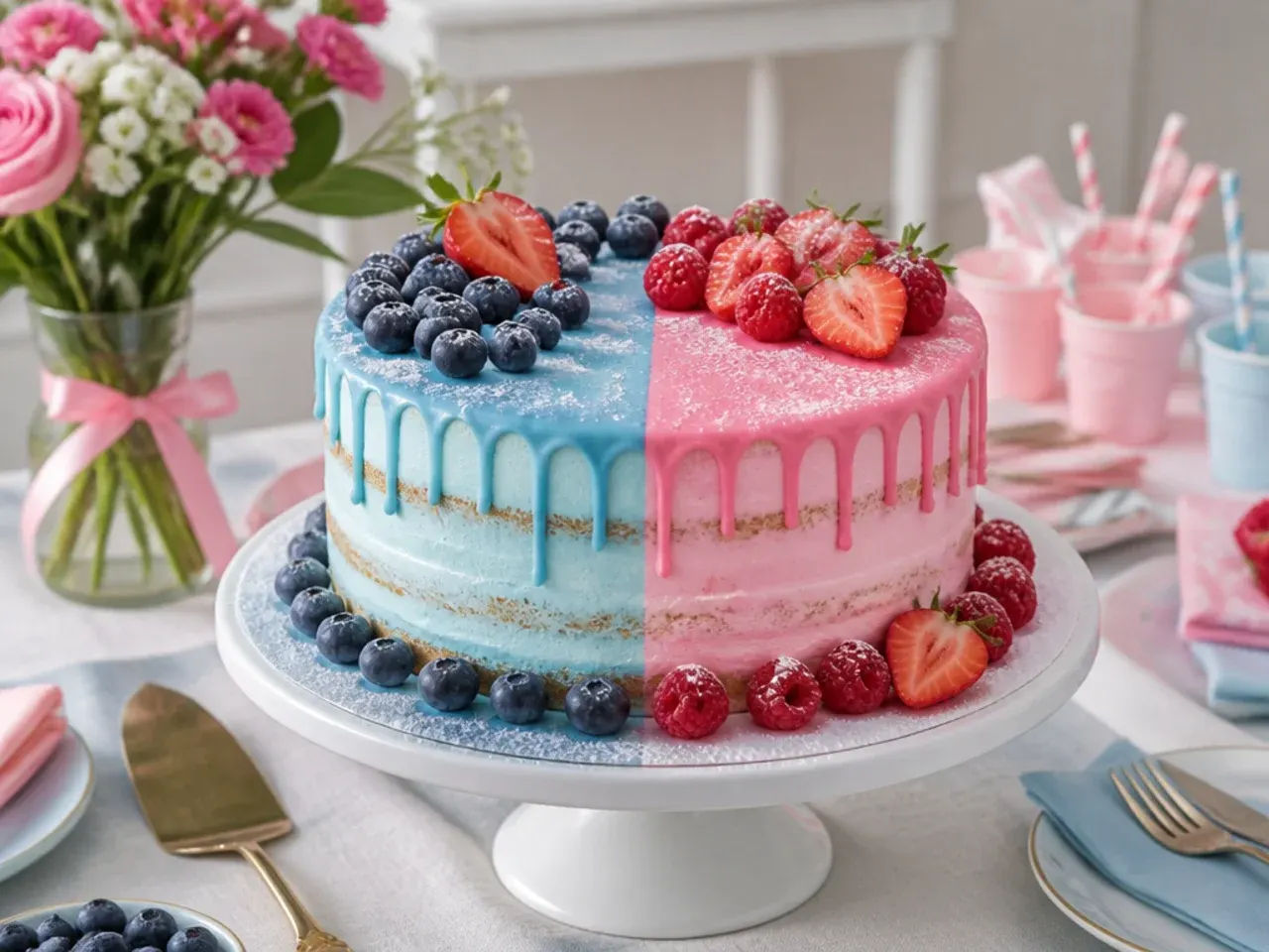Cake split down the middle with blue paw print decoration on one side and pink floral decoration on the other