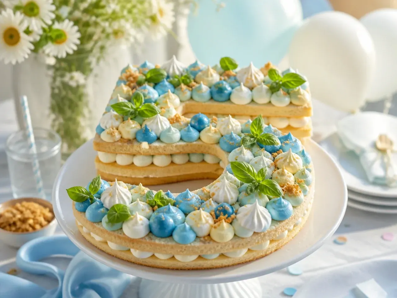 Large numeral-shaped cake iced in blue buttercream with an orange fondant outline and scattered decorations