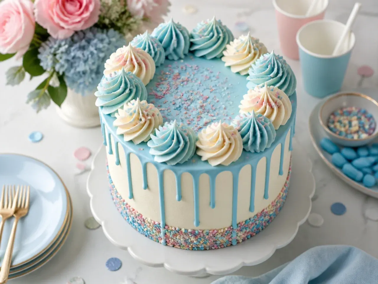 White buttercream cake with an orange candy drip running down the sides and blue sprinkles on top
