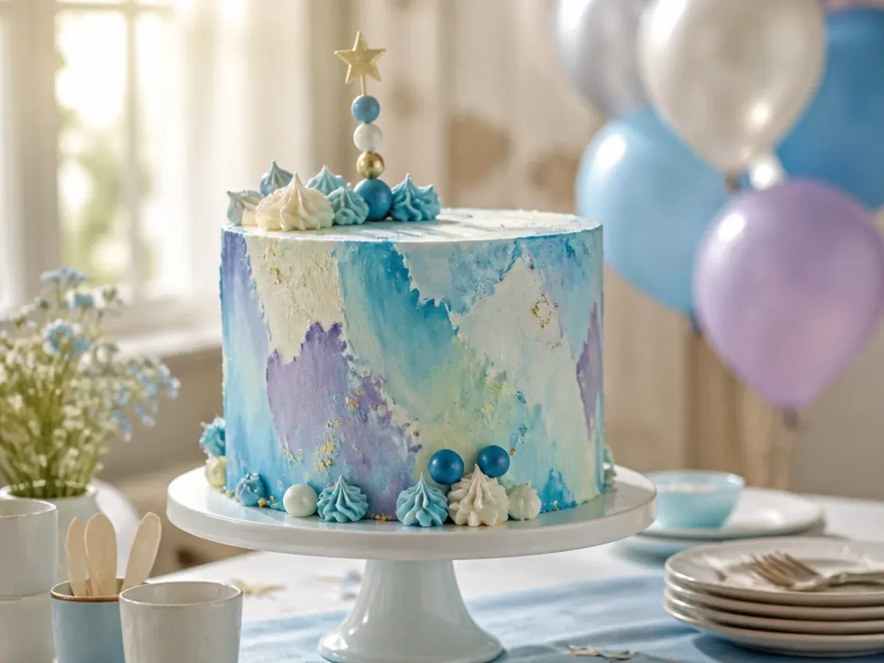 Cake with a streaky watercolour-style buttercream finish blending pale and dark blue with hints of orange