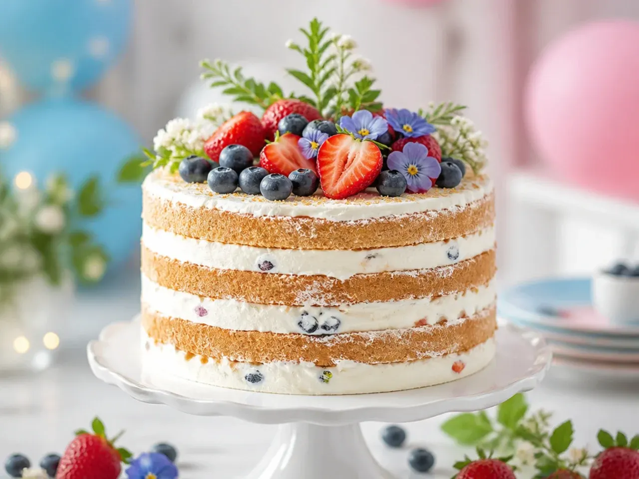 Naked-style layer cake with visible sponge sides topped with fresh blueberries and orange segments