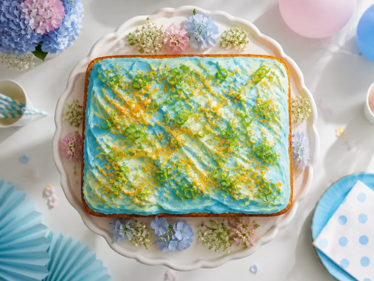 Rectangular sheet cake iced in blue with a piped orange zigzag border around the edge