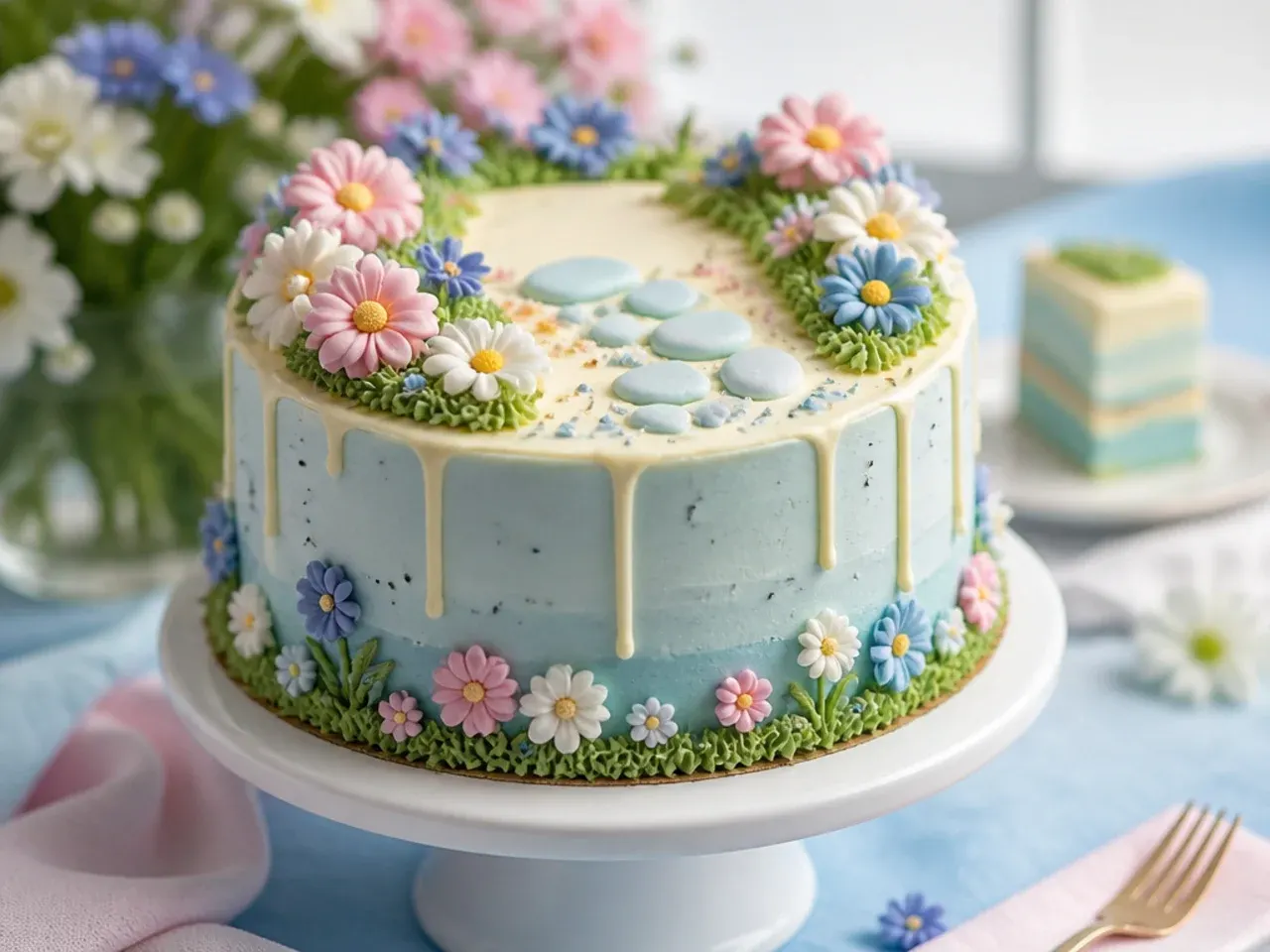 Cake iced in dusty pastel blue with a cluster of peach and white sugar flowers on top