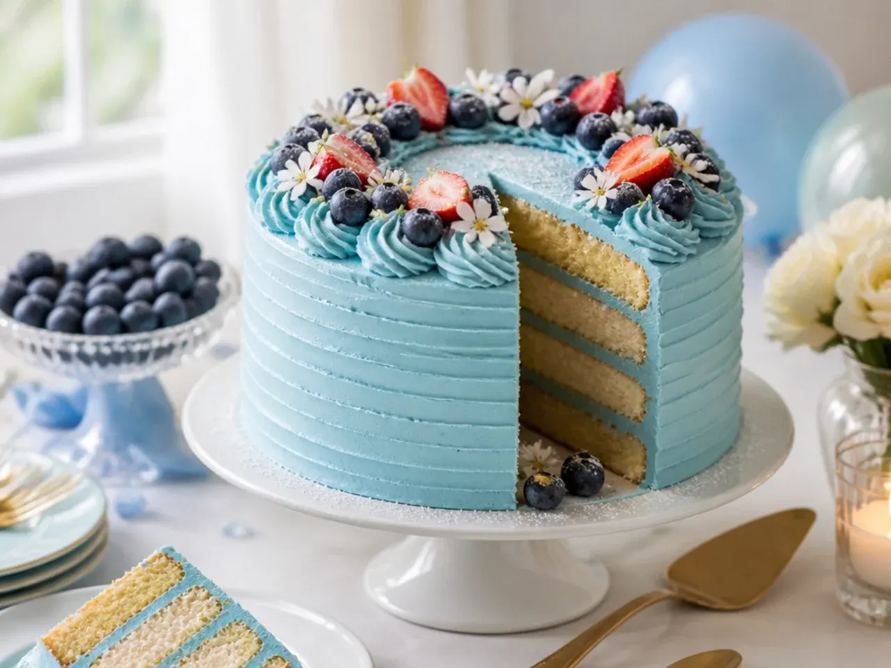 Cake fully covered in glossy blue Swiss meringue buttercream rosettes with small paw print details tucked between them