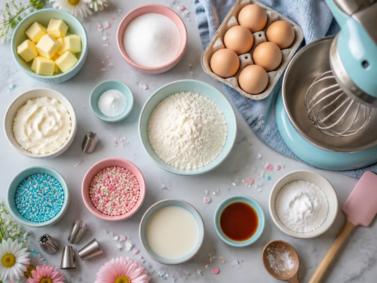 Baker's hands piping blue buttercream rosettes onto a chilled cake with fondant tools laid out nearby