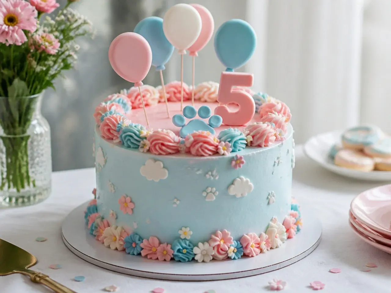 Decorated blue and orange themed cake as the centrepiece of a party table with matching cupcakes and balloons