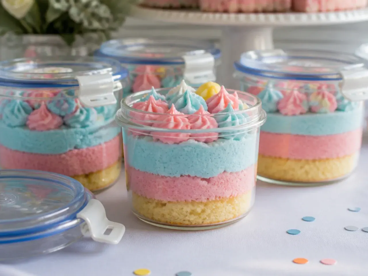 Decorated blue and orange cake stored under a clear cake dome on a kitchen counter