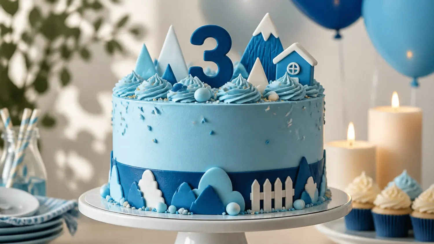 A round two-tone blue buttercream cake decorated with fondant paw prints and an orange bone topper, set on a party table with balloons