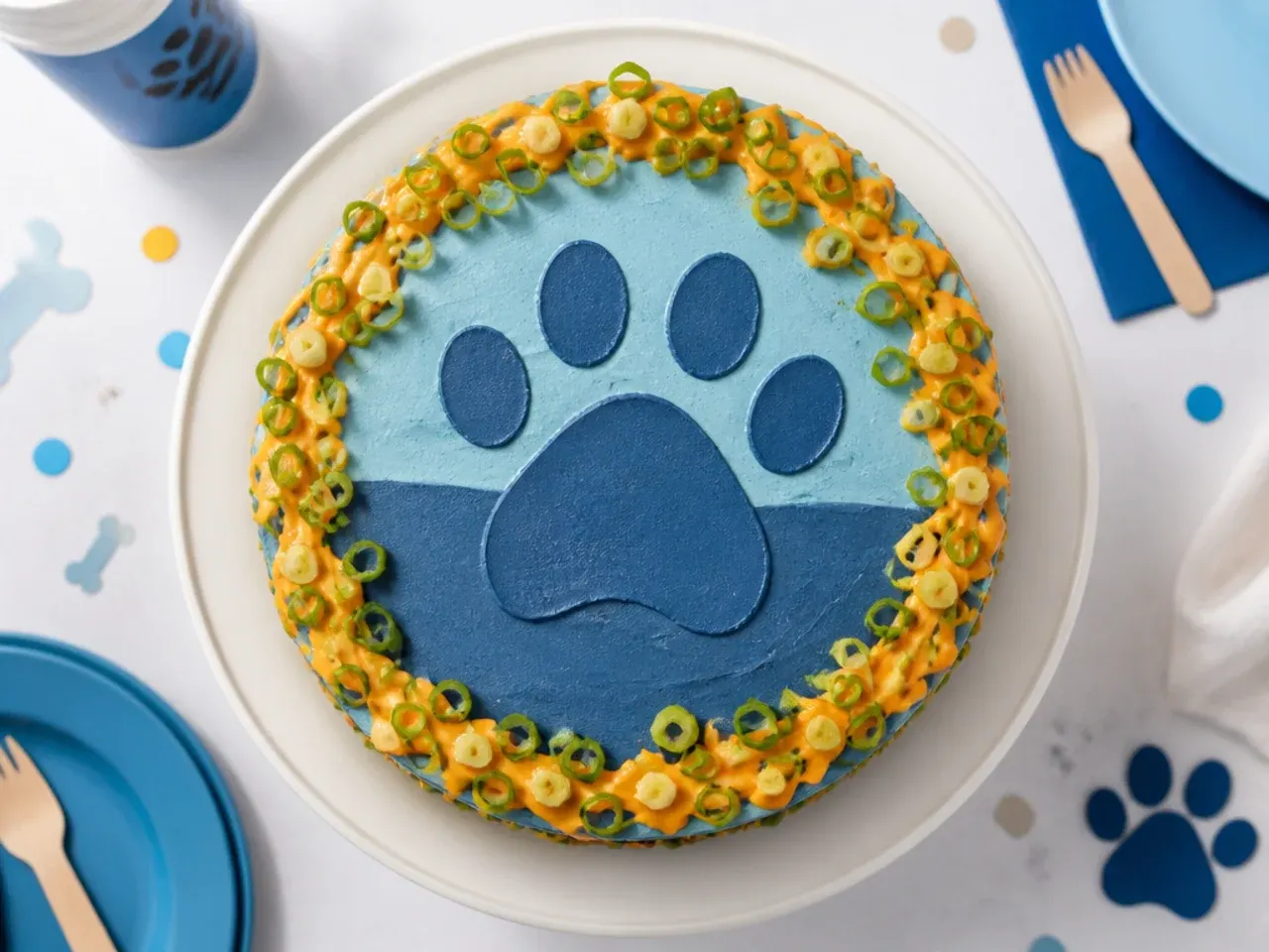 Round cake with light blue buttercream base, dark blue piped border and white fondant paw prints along the side