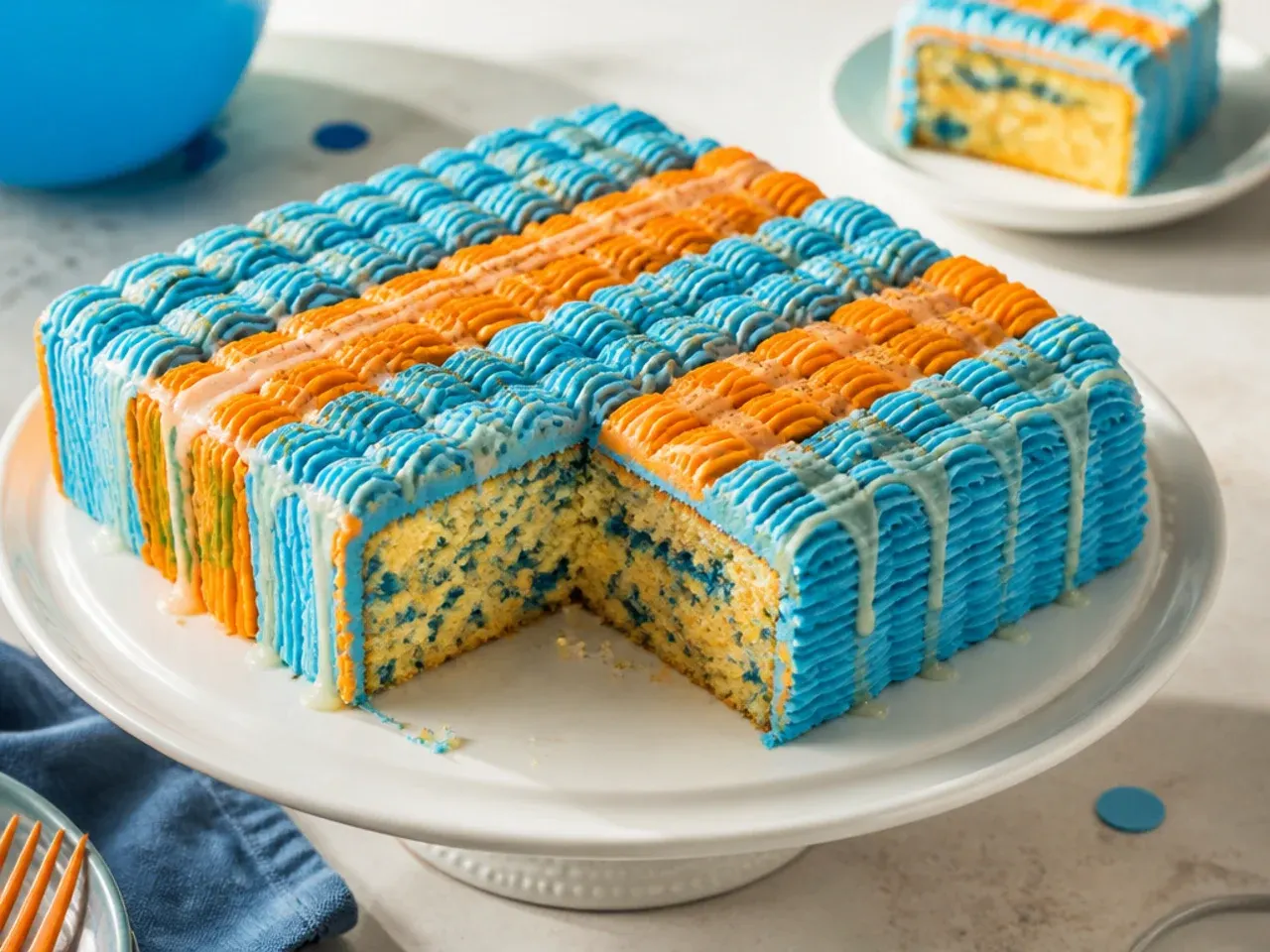 Rectangular sheet cake with alternating piped stripes of blue and orange buttercream and sprinkles