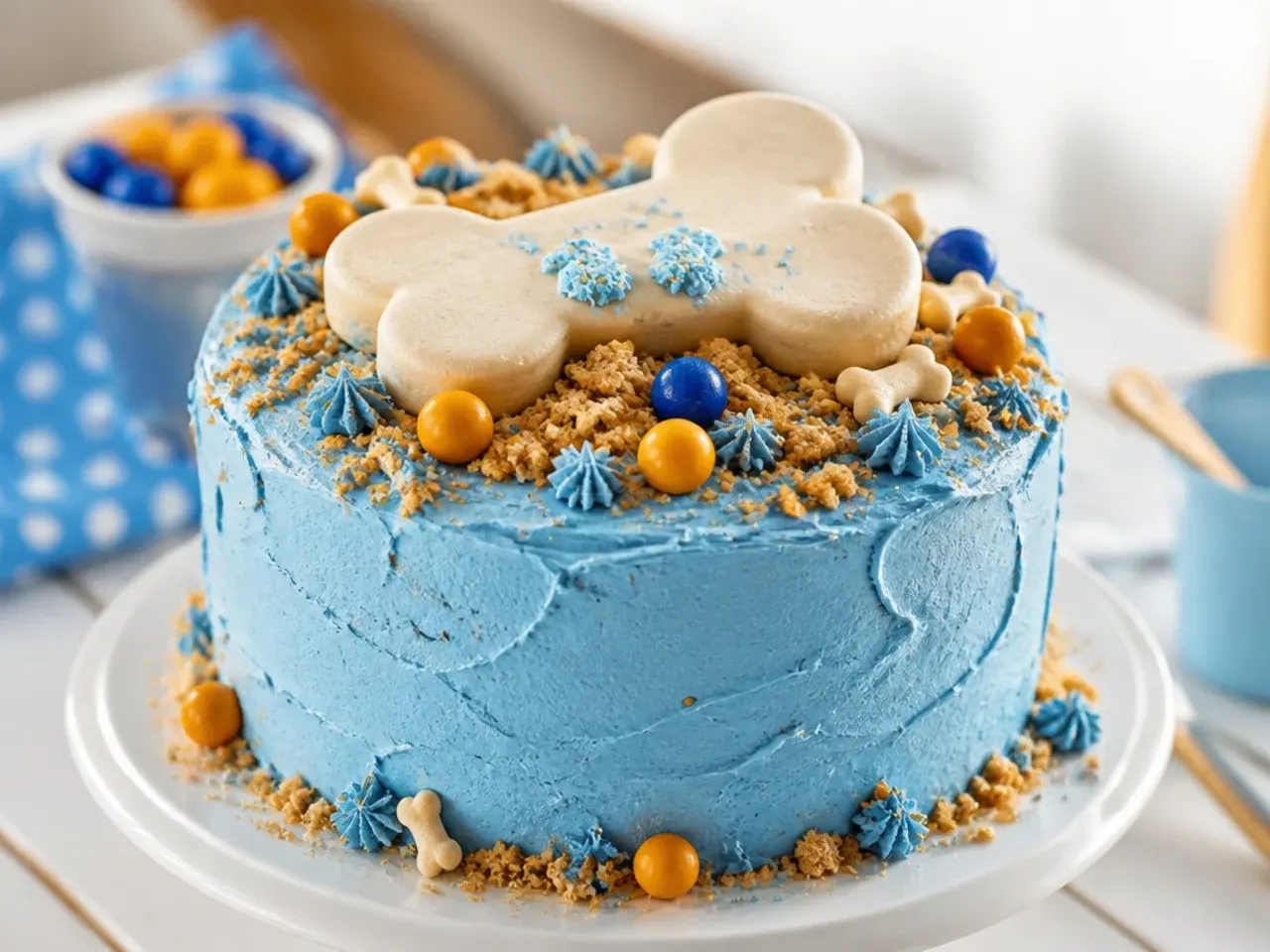 Textured rustic blue buttercream cake with upright white and tan fondant bone toppers