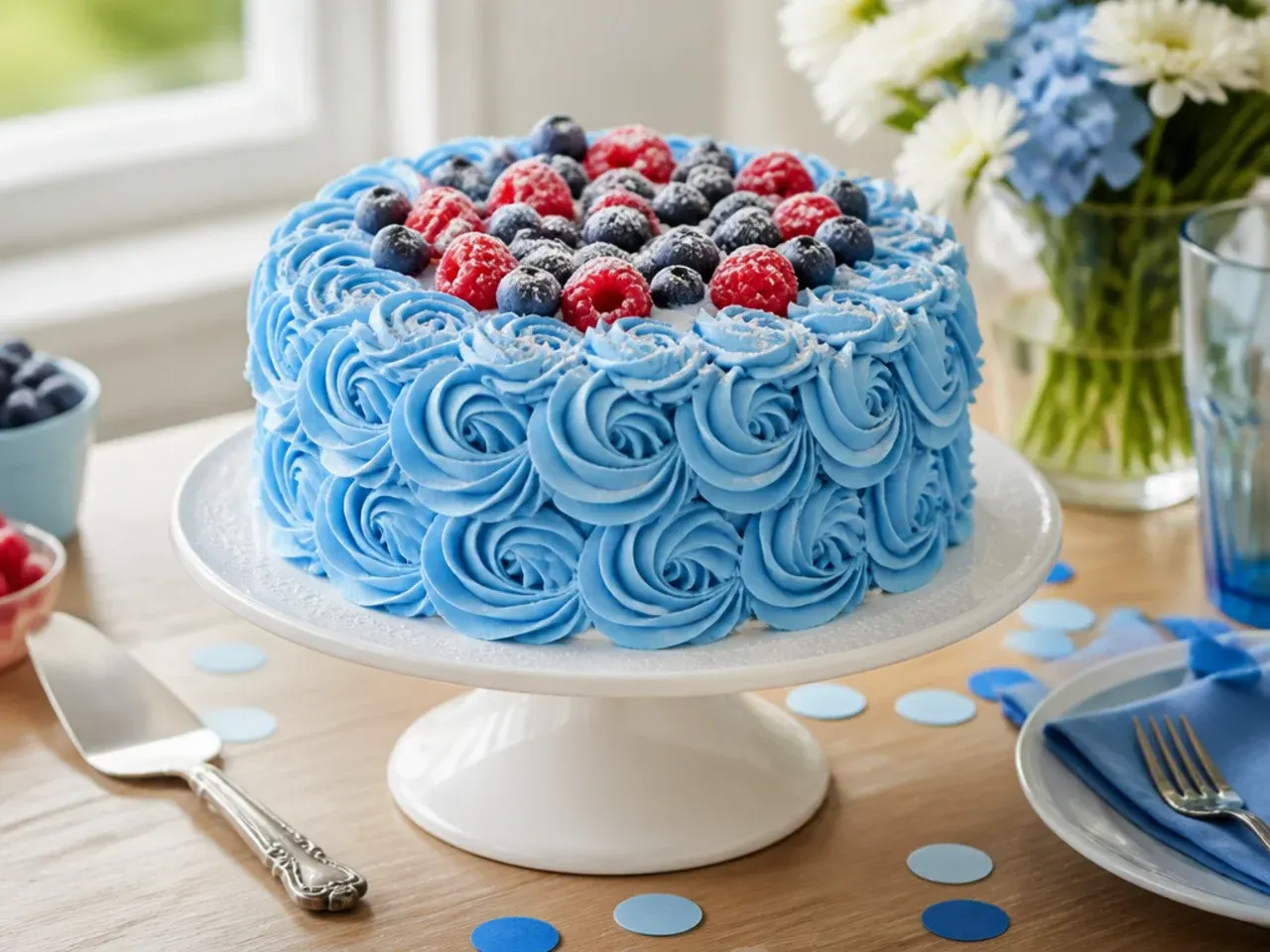 Single layer cake with a ring of piped blue buttercream rosettes around the edge and a fondant number in the centre
