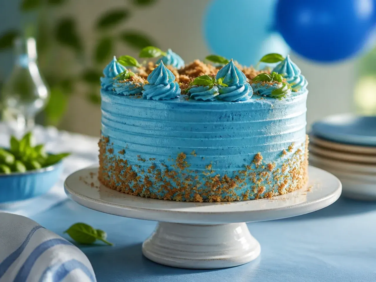 Smooth pale blue Swiss meringue buttercream cake with a glossy, professional finish