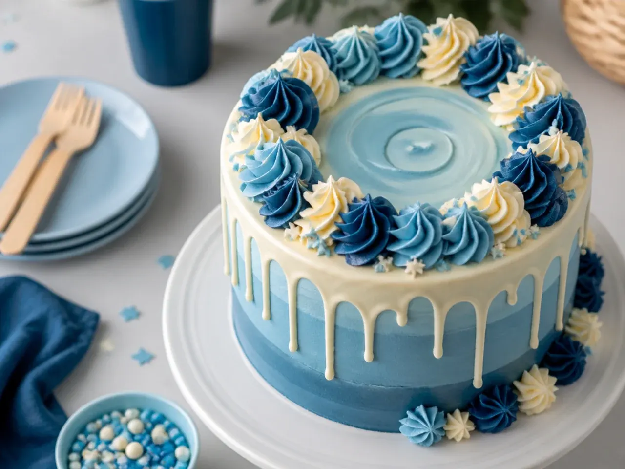 Layered drip cake with a white chocolate drip, sliced to reveal blue, tan, grey and cream sponge layers