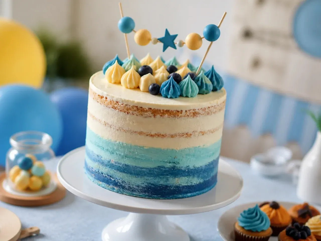 Semi-naked ombre cake blending pale to deep blue buttercream with fondant paw prints at the base