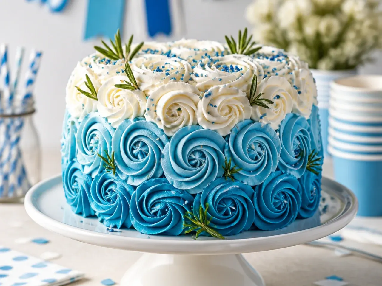 Cake topped with large swirls of pale blue cream cheese frosting