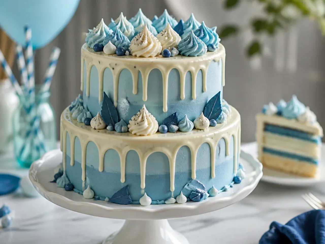 Two-tier blue buttercream party cake with piped borders at each tier join