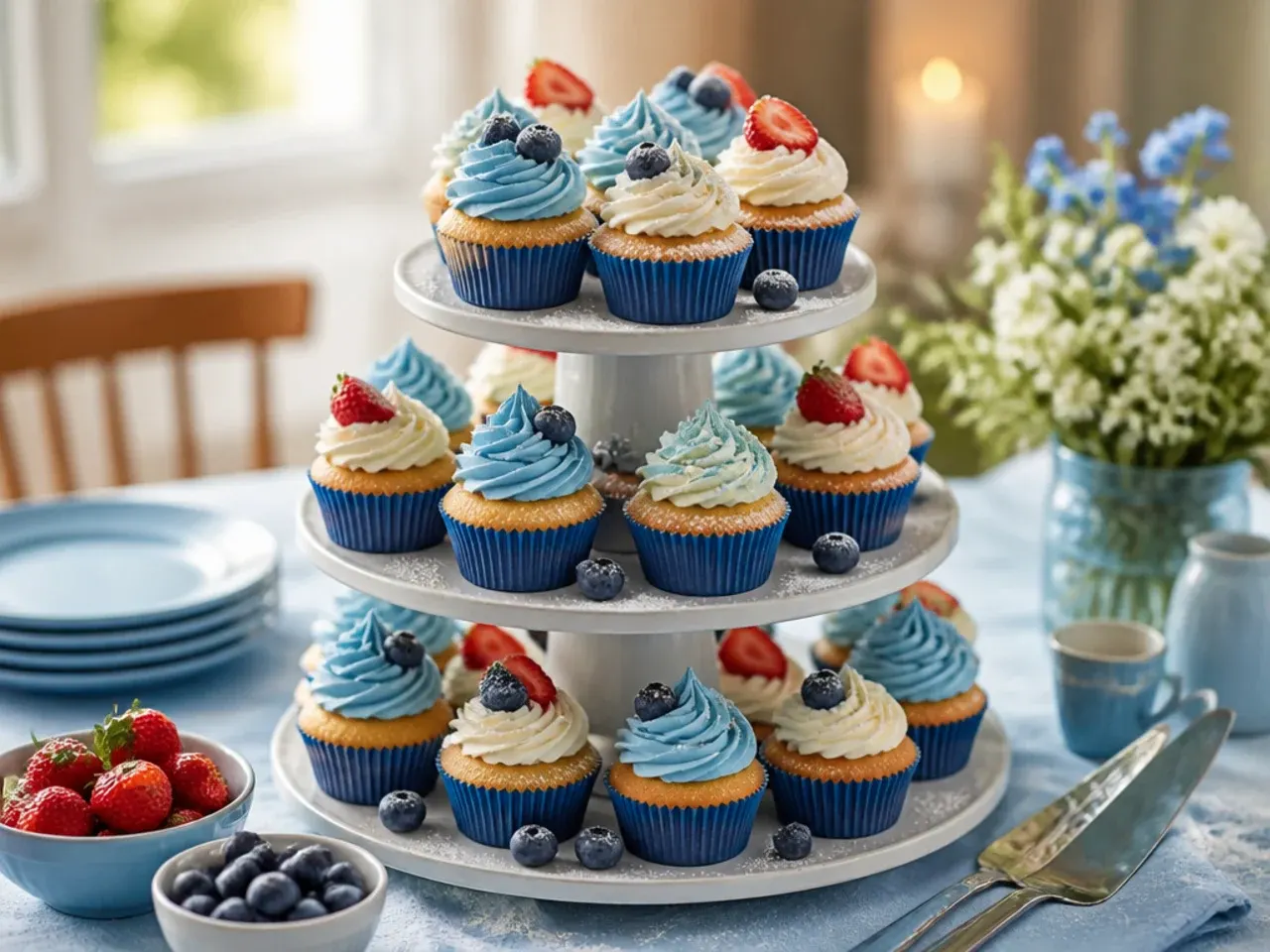 Tiered cupcake stand with cupcakes topped in blue, orange, cream and grey buttercream swirls