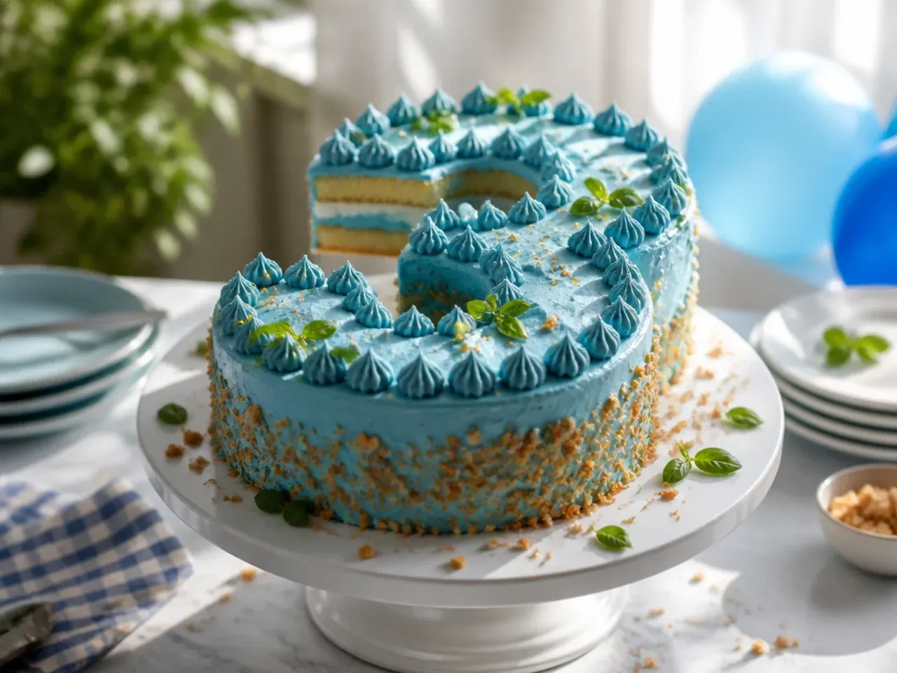 Number-shaped birthday cake iced in blue buttercream with an orange piped outline and sprinkles