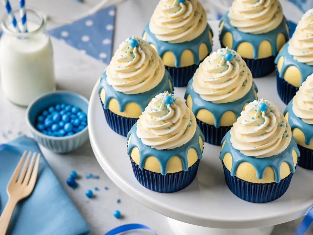 Rows of cupcakes dipped in blue ganache with a small fondant paw print set on top of each