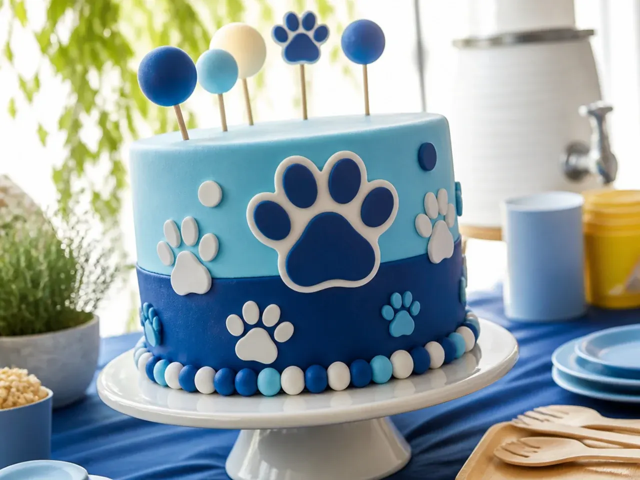 Hand-rolled white fondant paw print shapes drying on a tray next to a finished blue layer cake