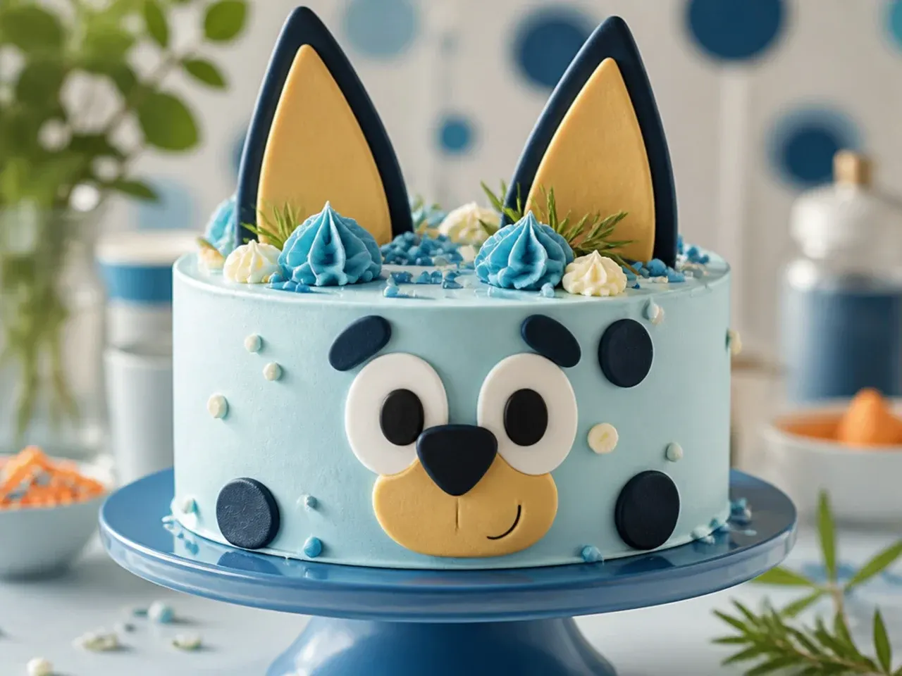 Round cake with two upright fondant ear shapes and irregular blue fondant spots across the sides