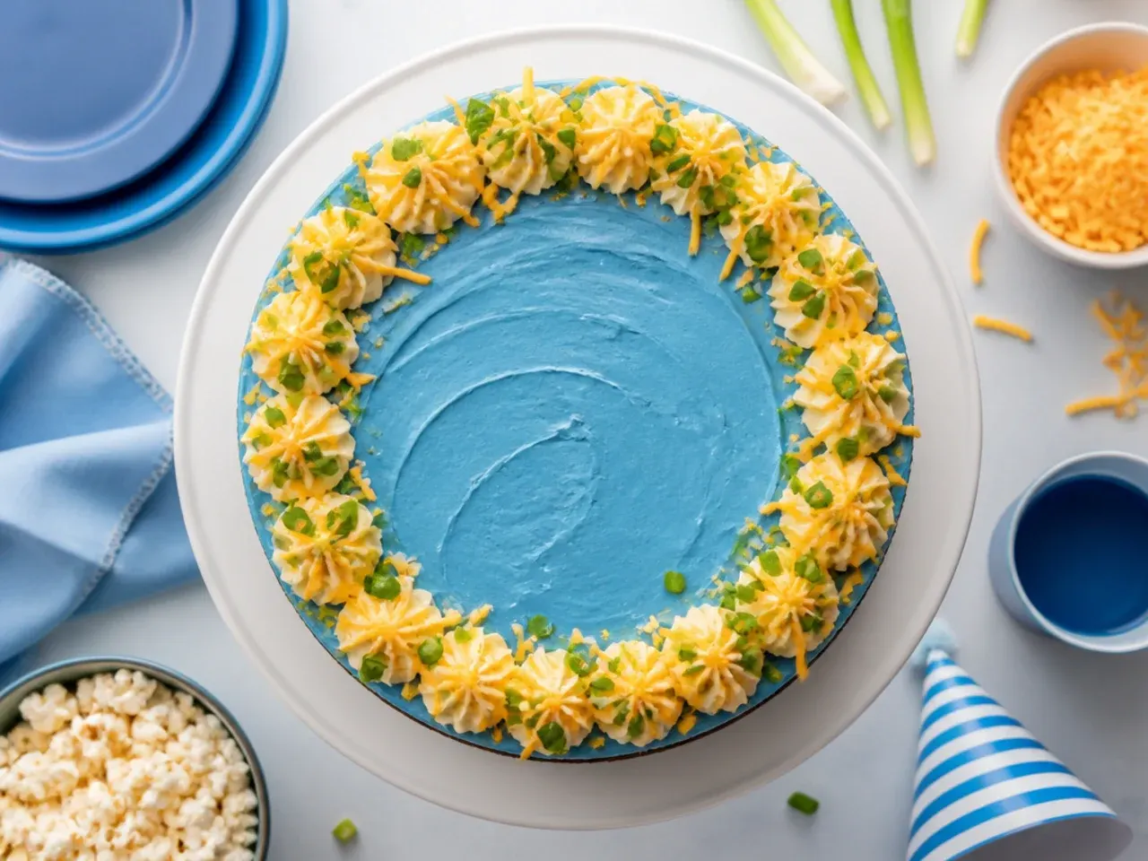 Plain blue buttercream cake with a simple piped border, ready for a party topper