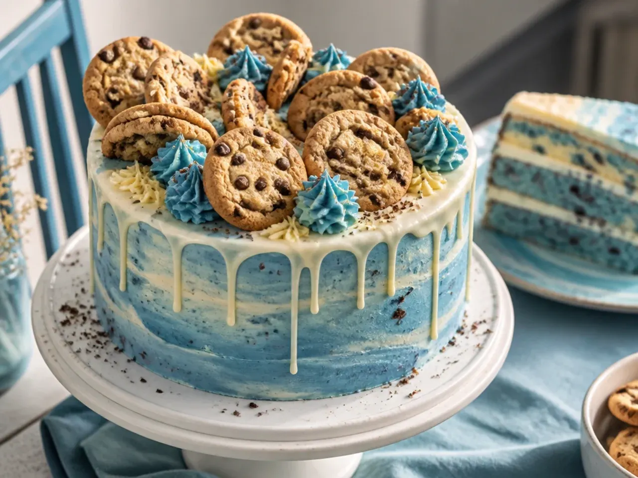 Blue buttercream cake topped with bone- and paw-shaped shortbread cookies pressed into the icing
