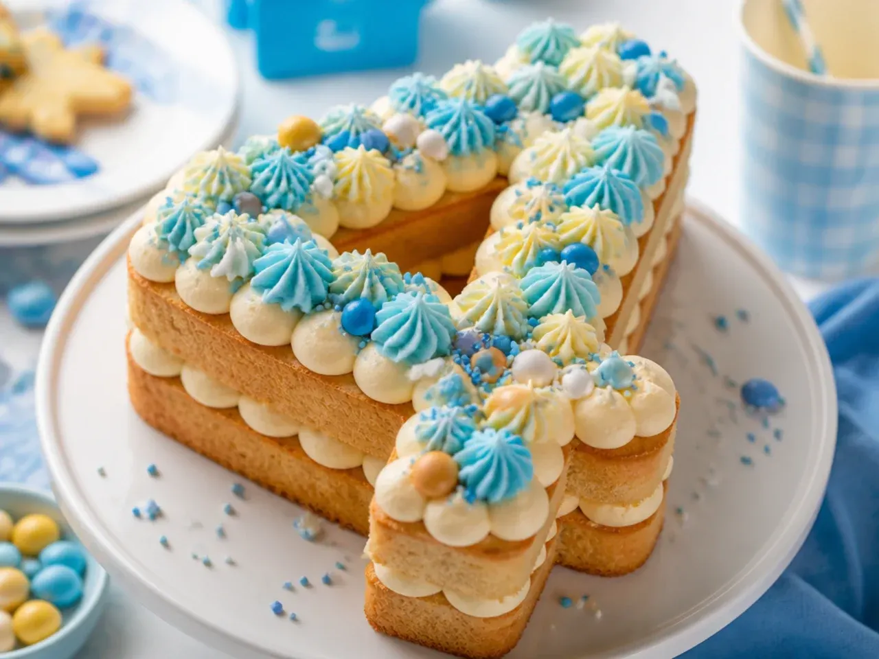 Cake with bare sponge sides, a smooth blue top and a small orange fondant number in the centre