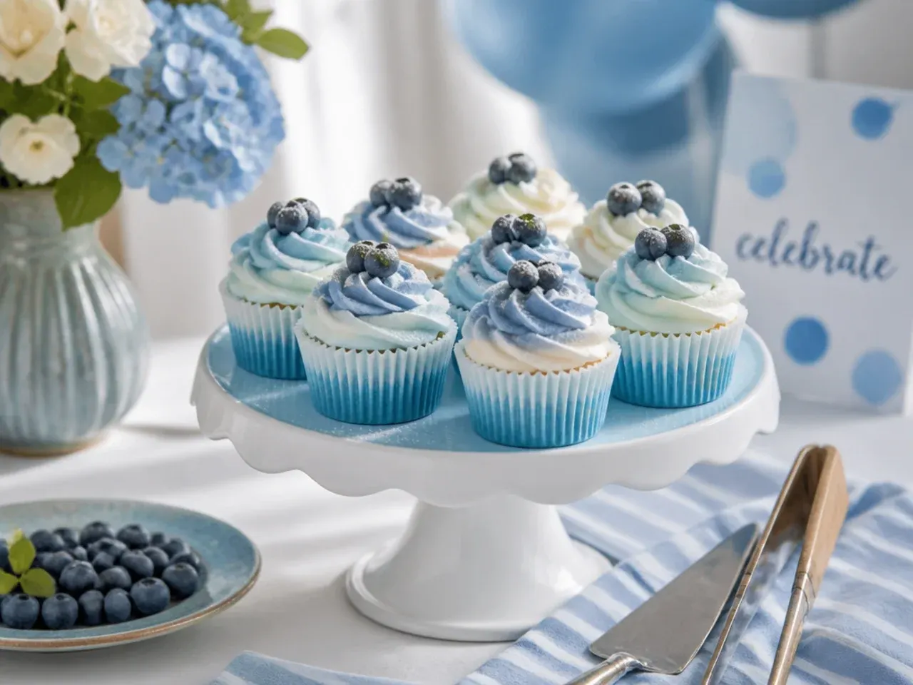 Cupcakes piped with three-tone blue ombre buttercream swirls arranged on a serving tray