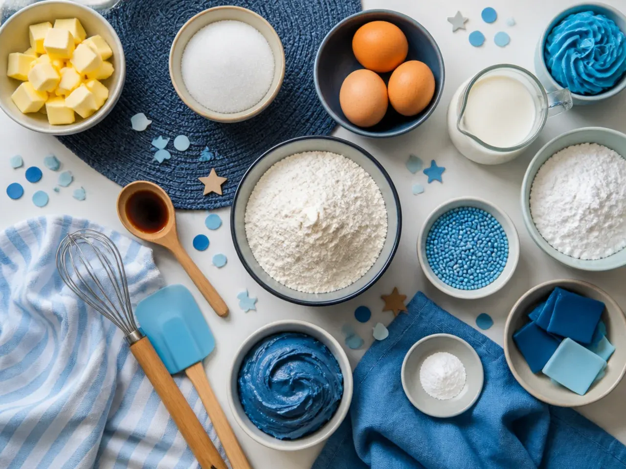 Close-up of a hand smoothing blue buttercream on a cake with a bench scraper