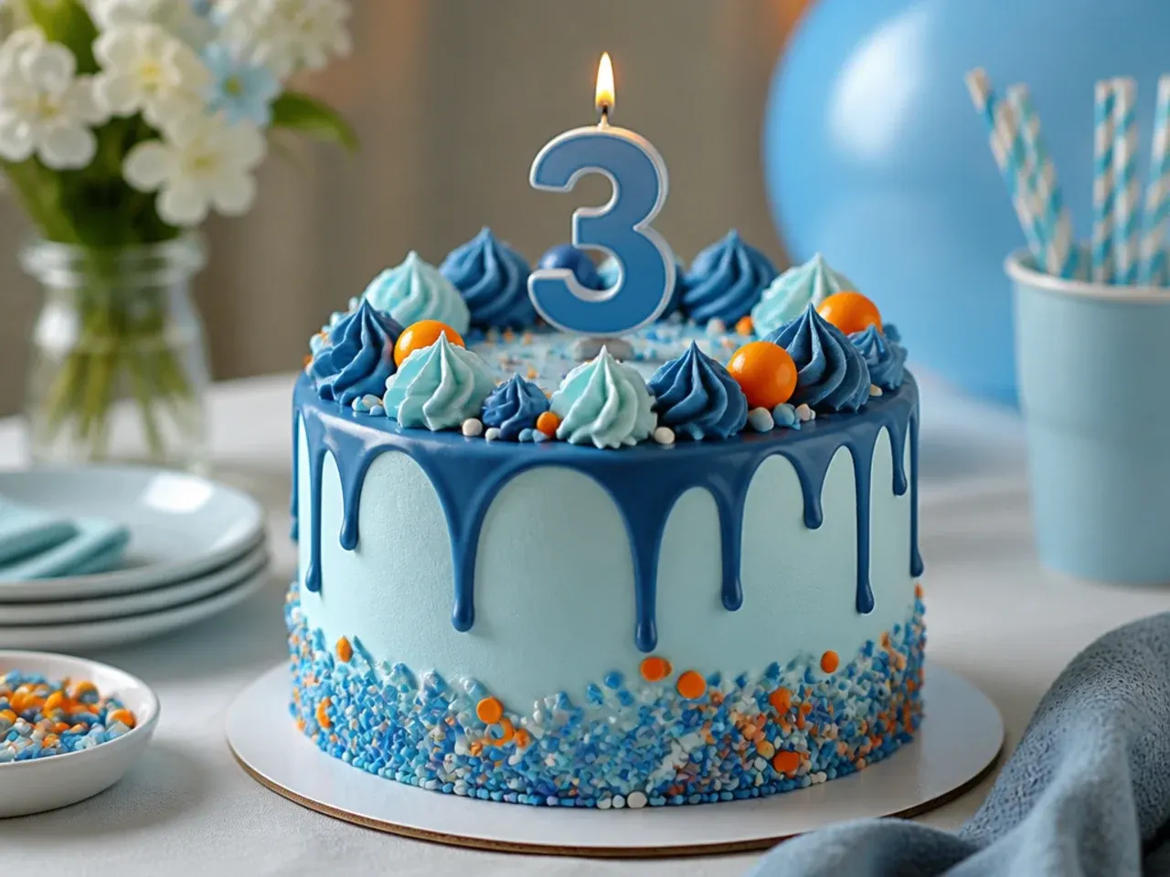 Slices of blue buttercream birthday cake served on party plates alongside blueberries and orange segments