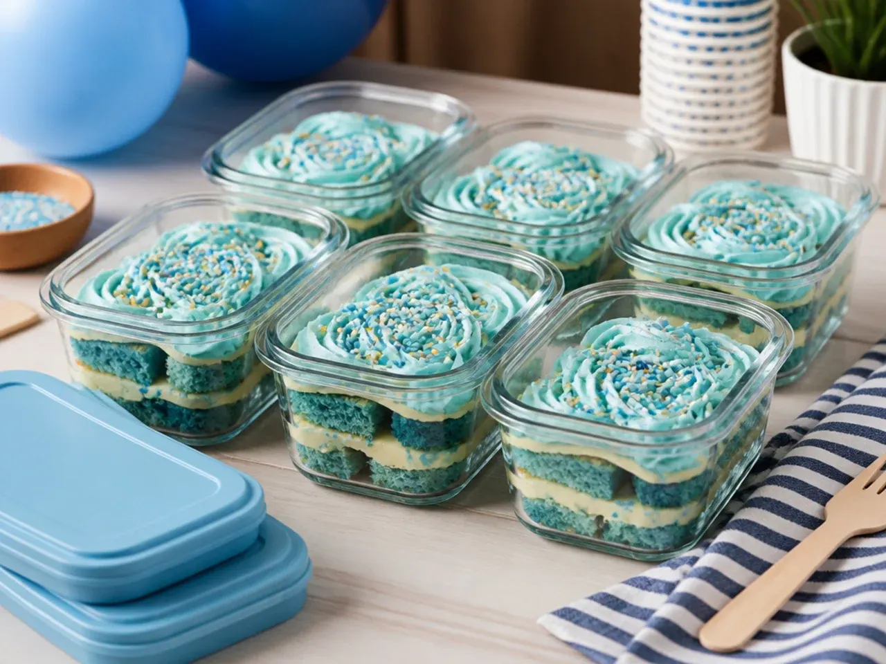 Decorated blue buttercream cake stored under a cake dome ready for the fridge