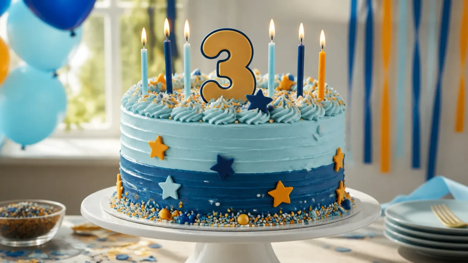 A round layer cake iced in sky-blue and navy buttercream stripes, decorated with fondant paw prints and a bone-shaped topper on a white cake stand