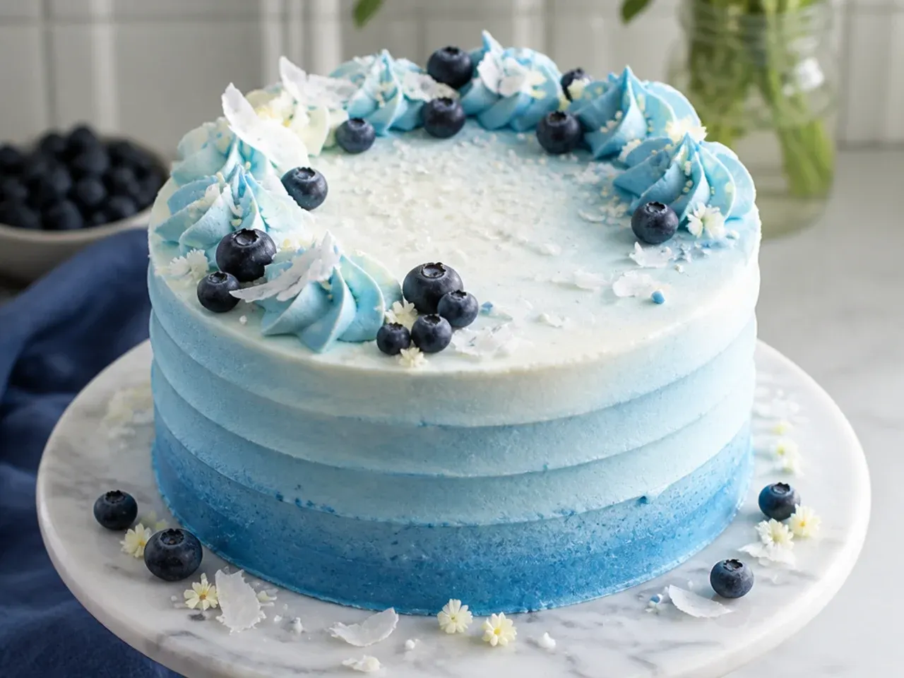 Overhead view of several small blue-and-white iced cakes and cupcakes arranged on a party table
