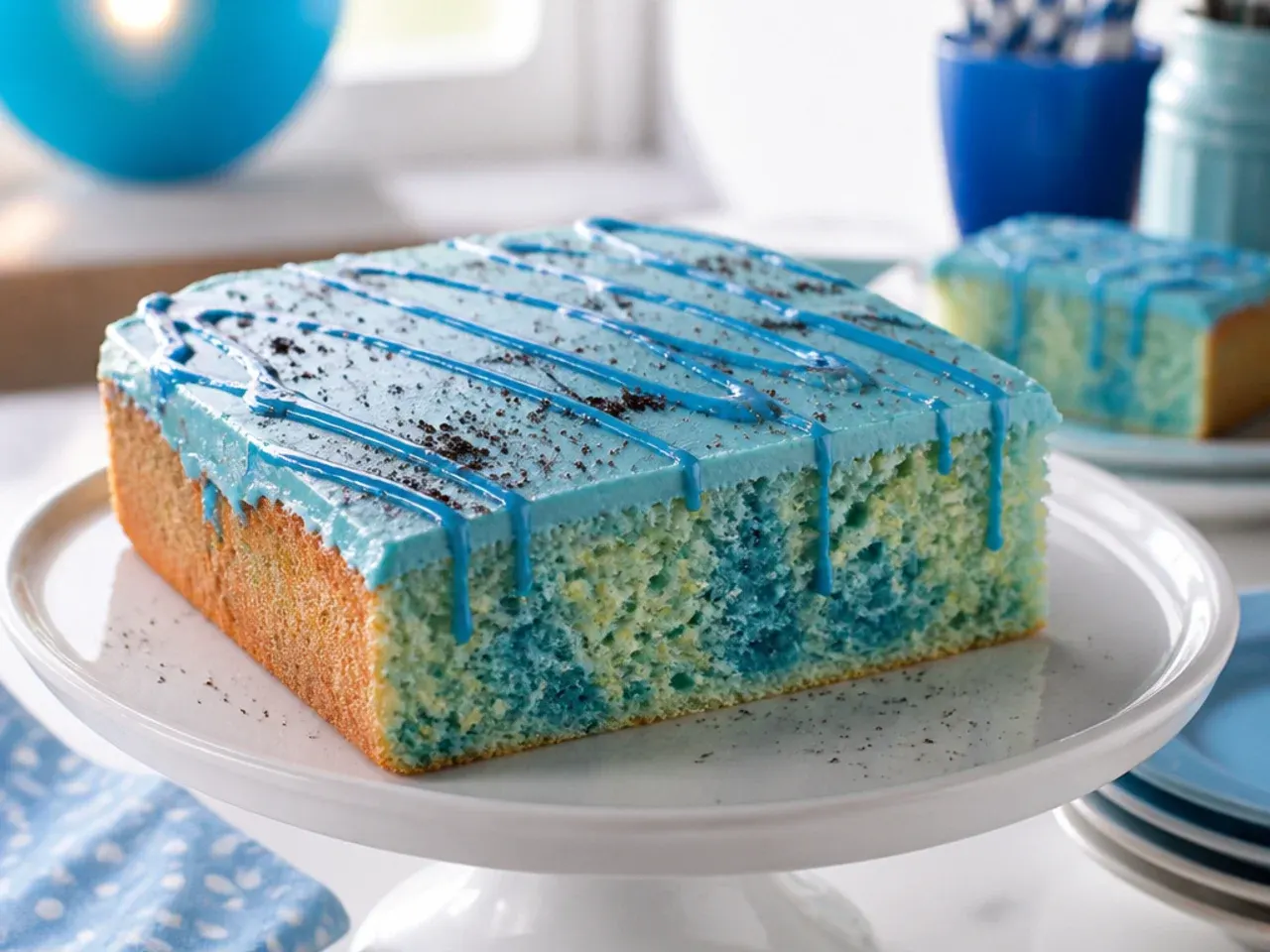 Rectangular blue buttercream sheet cake with textured fork lines and scattered sugar pearls
