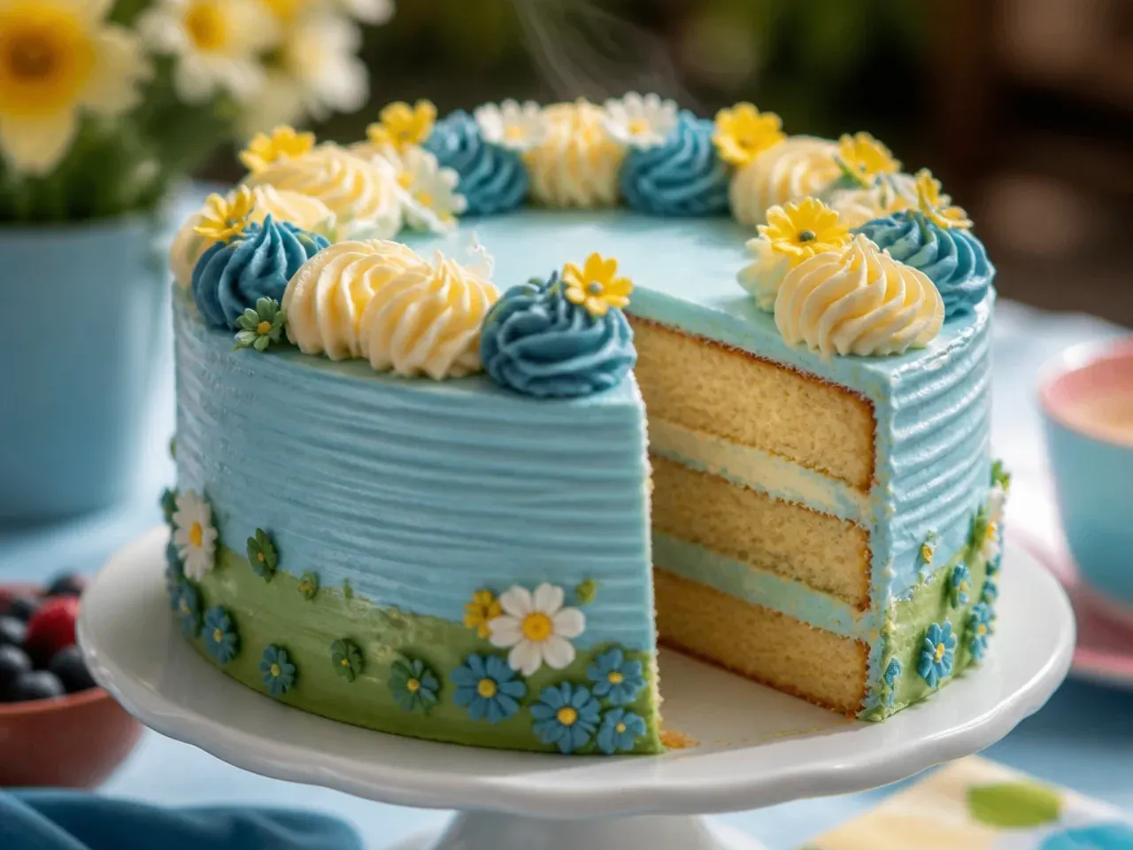 Blue cake with a green crushed-biscuit grass base and a small brown fondant fence detail
