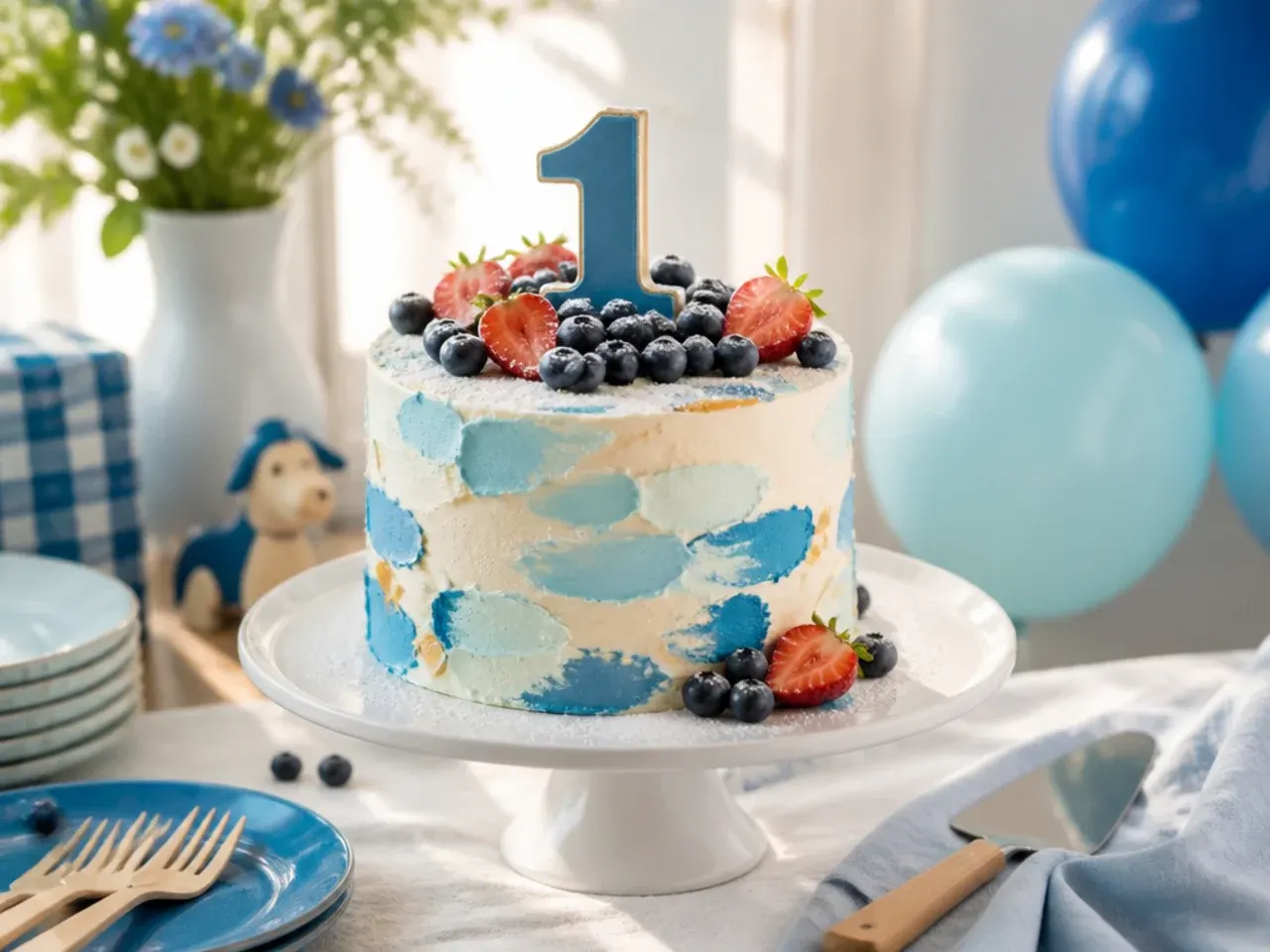 Small single-tier smash cake in pale blue buttercream with fondant paw prints on top