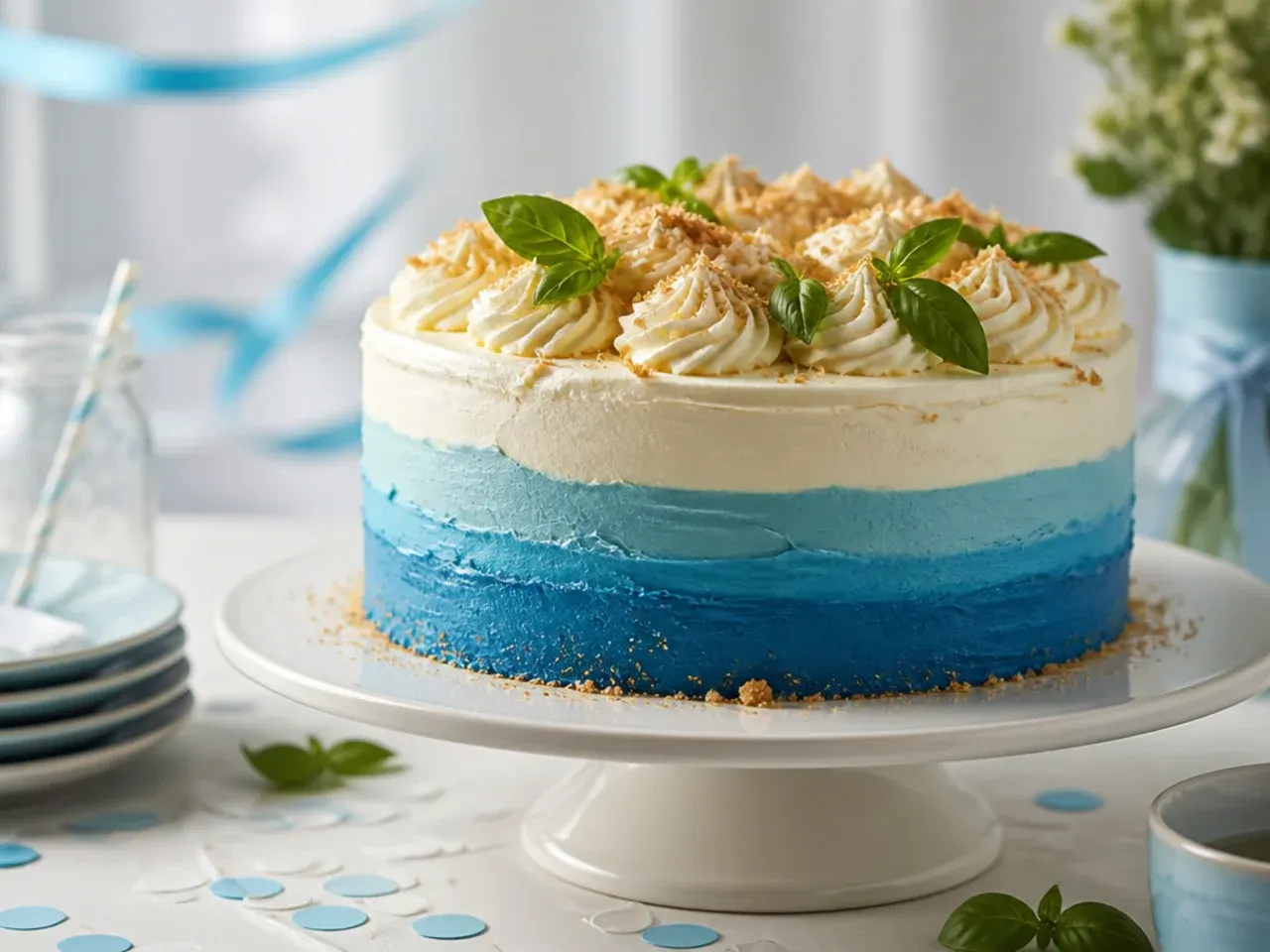 Cake with a smooth ombre buttercream finish fading from navy at the base to pale blue at the top