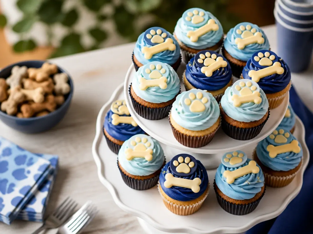 Tiered stand of blue buttercream cupcakes topped with alternating fondant bones and paw prints