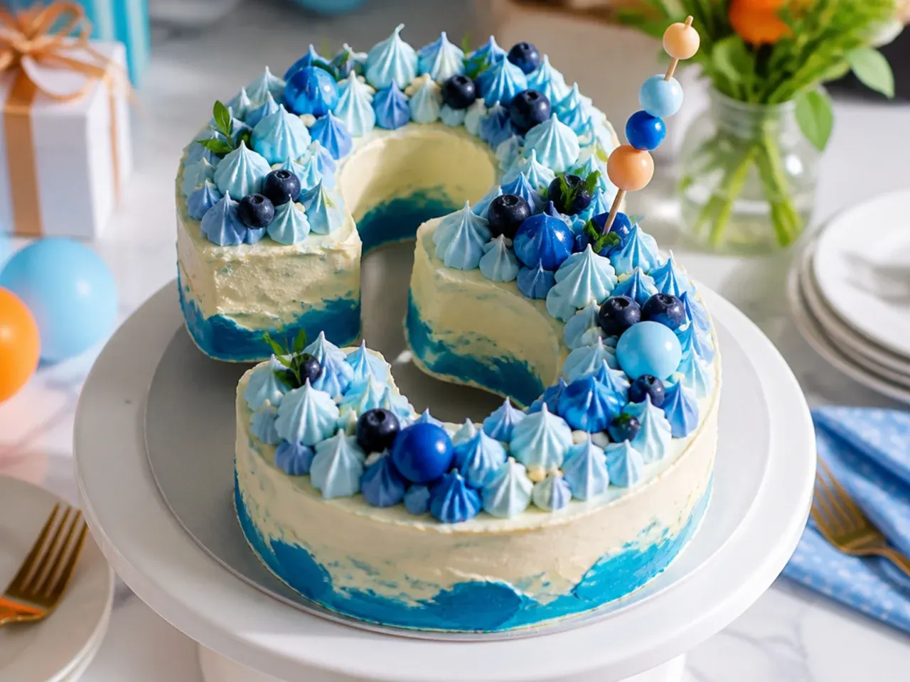 Large number-shaped cake iced in blue buttercream with a red fondant bandana draped across it