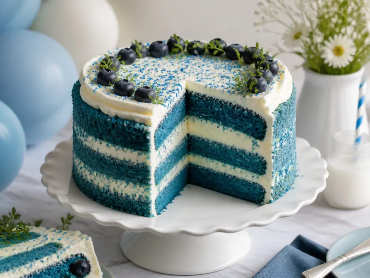 Blue velvet layer cake with cream cheese frosting and a semi-naked scraped finish showing the blue crumb