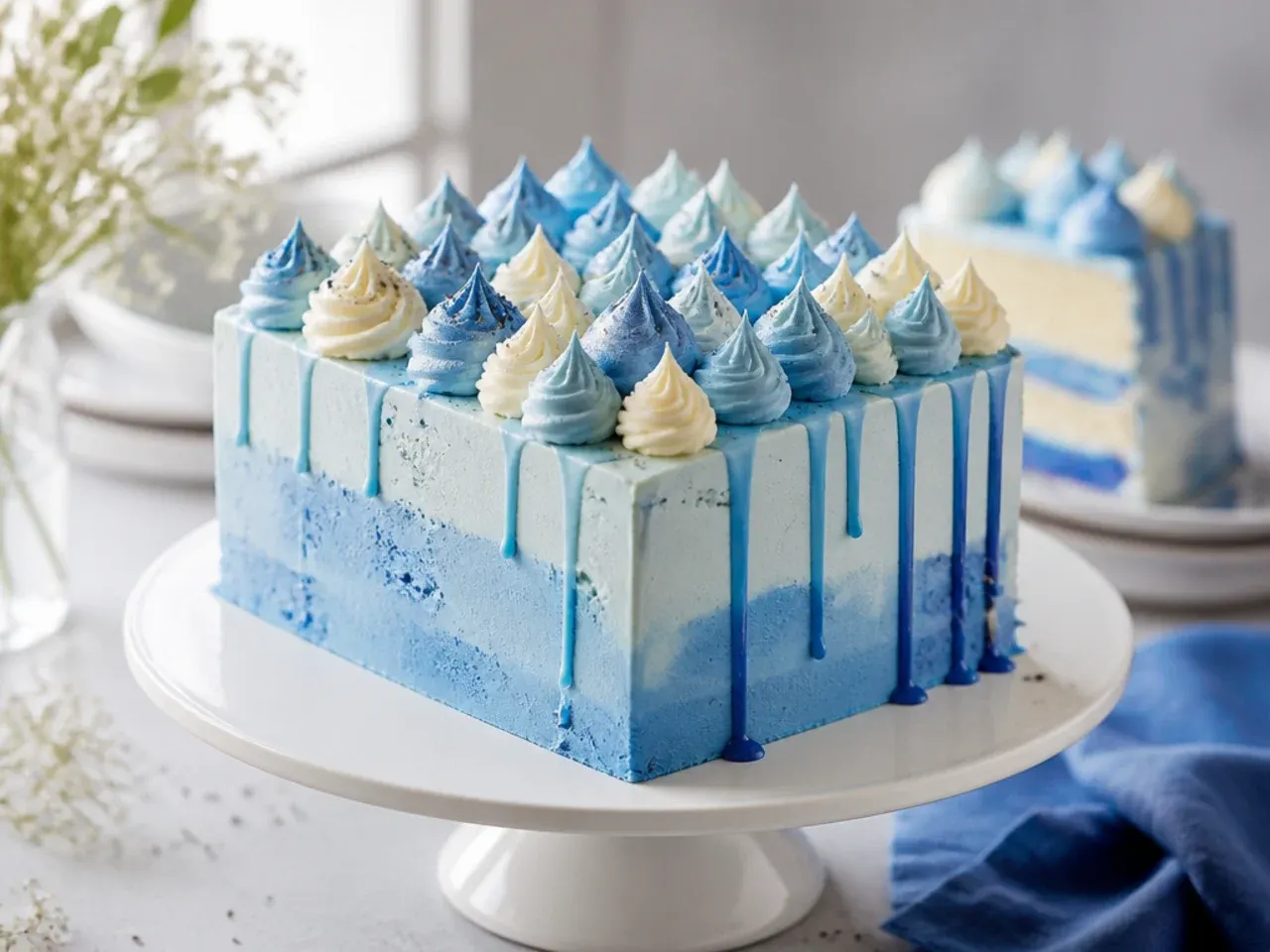 Two matching blue-iced traybake cakes placed side by side on a party table, pre-cut into squares